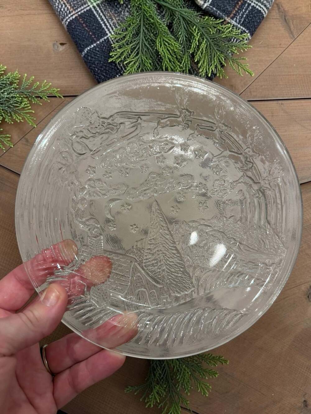 Clear Embossed Glass Santa Sleigh Plate Christmas Cookie Plate Serving Tray